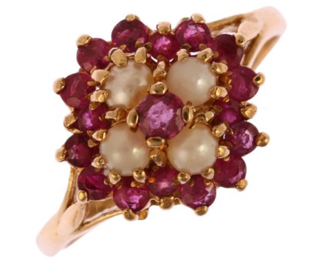A late 20th century 9ct gold ruby and pearl flowerhead cluster ring, setting height 12.5mm, size O, 2.6gNo damage or repair, 