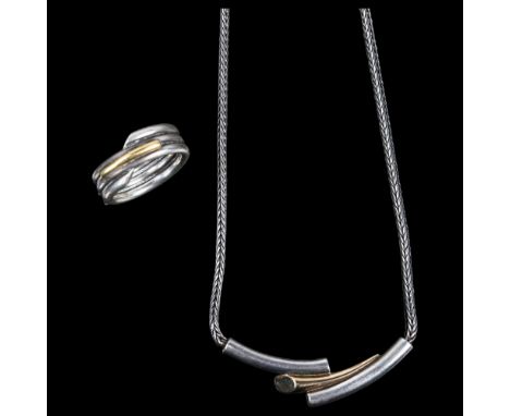 FIRMA SILVER COVER - a Danish sterling silver and silver-gilt matching fold necklace and ring set, necklace 40cm, ring size O