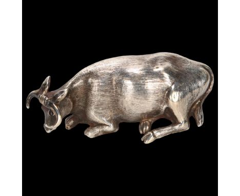 An Antique silver figural cow creamer mount, realistically modelled as a recumbent cow, apparently unmarked, 6.5cmNo damage o