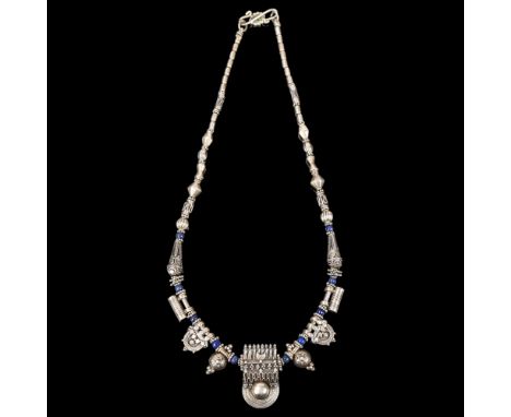 An Indonesian silver and lapis lazuli Indian talisman fringe necklace, 42cm, 43gNo damage or repair, only light surface wear,