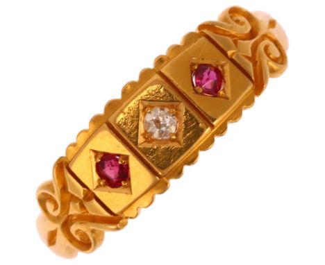 A Victorian 18ct gold three stone ruby and diamond ring, setting height 6.6mm, size R, 3gNo damage or repair, all stones pres