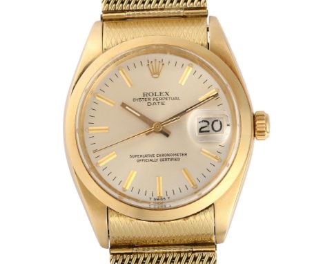 ROLEX - a 14ct gold Oyster Perpetual Date automatic bracelet watch, ref. 1500/7, circa 1979, silvered dial with applied gilt 