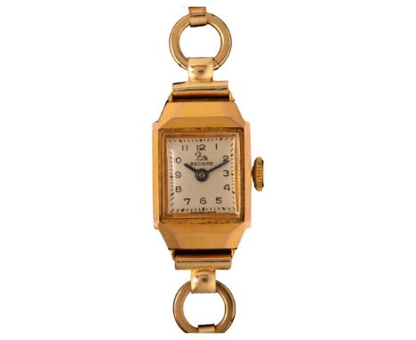 RECORD - a lady's 9ct gold mechanical wristwatch, silvered dial with black Arabic numerals, blued steel hands and rolled gold