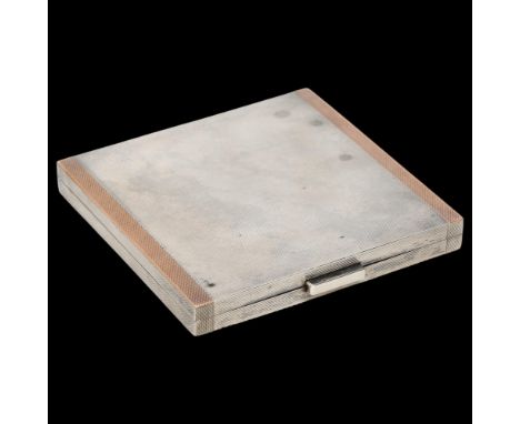 A George VI silver and rose gold square cigarette case, WH Manton Ltd, Birmingham 1941, allover engine turned decoration with