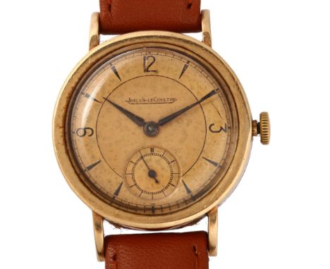 JAEGER LECOULTRE - a Vintage 9ct gold mechanical wristwatch, circa 1940s, champagne dial with quarterly Arabic numerals, Alph