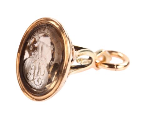 A 19th century smoky quartz 'Die If Divided' seal fob, unmarked 9ct rose gold openwork frame, set with oval quartz intaglio c
