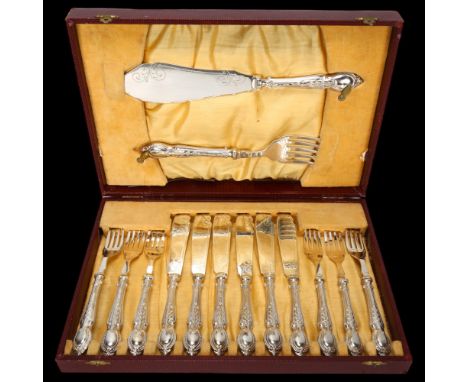 A cased set of George V silver-handled fish cutlery for 6 people, C H Beatson, Sheffield 1929, knife blade length 11.5cm1 for