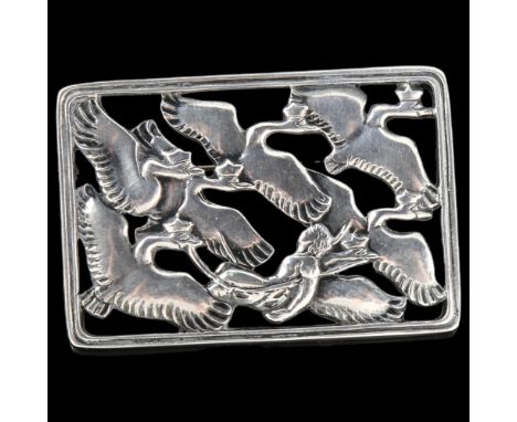 VOLMER BAHNER - a heavy Danish stylised sterling silver openwork geese in flight brooch, designed by Arno Malinowski, length 