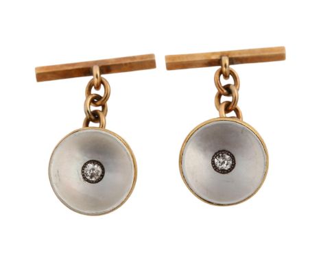 A pair of Art Deco mother-of-pearl and diamond cufflinks, unmarked gold settings with old European-cut diamonds, 13.1mm, 5.4g