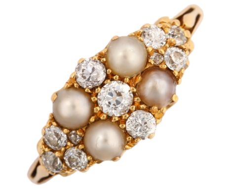 A Victorian 18ct gold split pearl and diamond boat ring, set with old-cut diamonds, total diamond content approx 0.25ct, sett