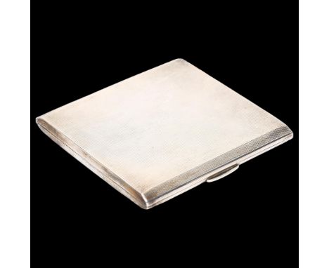 An Art Deco George VI silver square cigarette case, A Wilcox, Birmingham 1940, allover engine turned decoration with gilt int