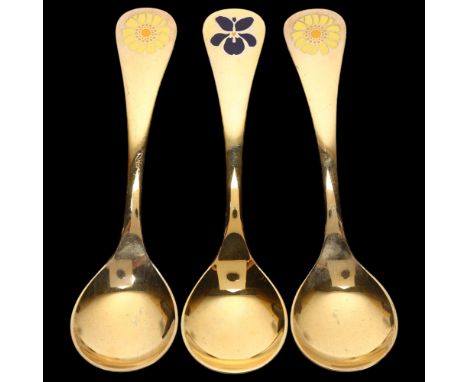 GEORG JENSEN - 3 Danish sterling silver-gilt commemorative spoons, comprising 2 x 1973, and 1 x 1977, 15cm, 2.9oz total (3)No