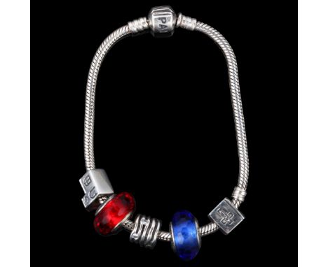 PANDORA - a sterling silver snake link charm bracelet with 5 silver charms, 19cm, 33.7gNo damage or repair, only light surfac