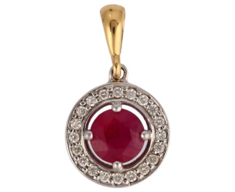 A modern 18ct gold ruby and diamond target cluster pendant, maker FEU, London 2012, prong set with round-cut ruby and modern 