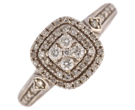 A modern 9ct white gold diamond square cluster ring, pave set with modern round brilliant and single-cut diamonds, setting he