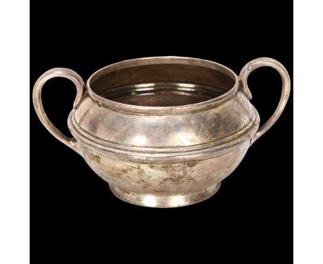 A George V silver 2-handled sugar bowl, S W Smith & Co, indistinct Birmingham date, globular form with raised waist, diameter