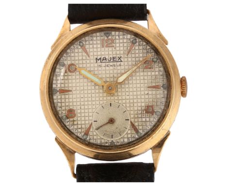 MAJEX - a 9ct gold mechanical wristwatch, circa 1950s, silvered lattice dial with applied gilt eighthly Arabic numerals, lumi