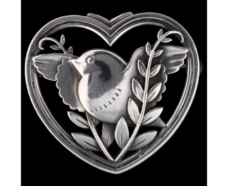 GEORG JENSEN - a Danish stylised sterling silver heart bird brooch, designed by Arno Malinowski, openwork stylised sterling s