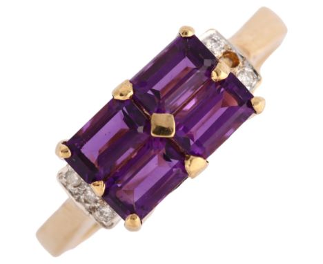 A modern 9ct gold amethyst and diamond dress ring, set with rectangular step-cut amethysts and modern round brilliant-cut dia