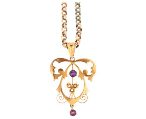 An Edwardian Art Nouveau 9ct gold amethyst and pearl openwork pendant necklace, on gold plated faceted belcher link chain, pe