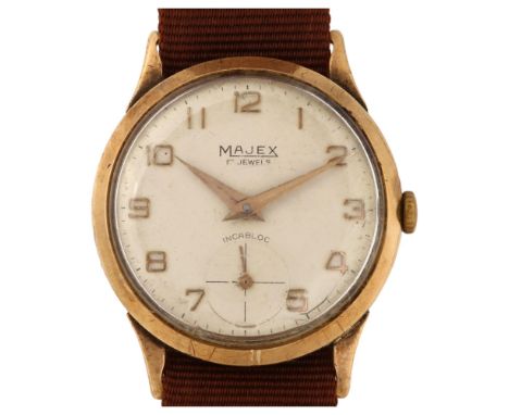 MAJEX - a 9ct gold mechanical wristwatch, circa 1960s, silvered dial with applied gilt Arabic numerals, Dauphine hands and su