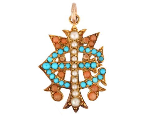 A Victorian coral turquoise and pearl monogram pendant, unmarked gold settings with monogram MEI, 29.3mm, 2.5gPendant has bee