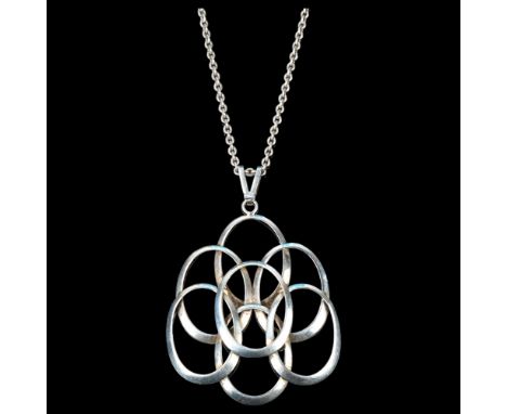 A mid-century Danish silver geometric pendant necklace, of overlapping oval form, with silver belcher link chain, pendant 2.7