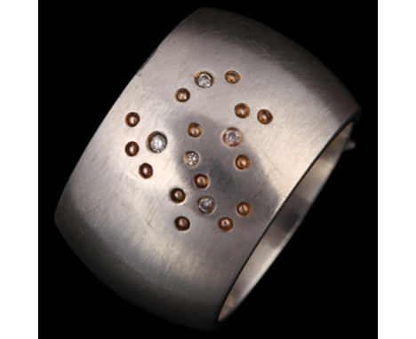 QUINN - a heavy sterling silver diamond band ring, set with modern round brilliant-cut diamonds, total diamond content approx