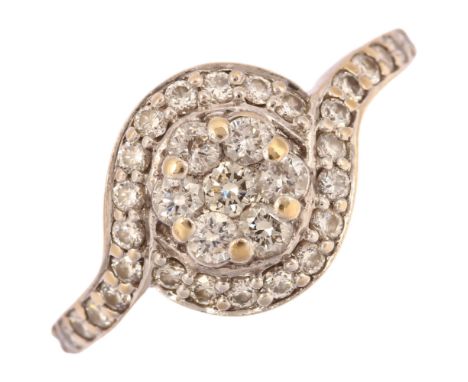 A modern 18ct white gold diamond flowerhead cluster crossover ring, prong set with modern round brilliant-cut diamonds, total