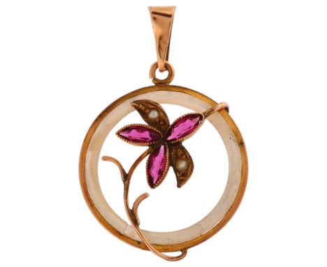 An Edwardian Art Nouveau 9ct gold pink paste, mother-of-pearl and pearl openwork floral pendant, height 30.6mm, 1.5gNo damage