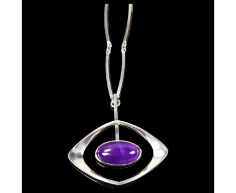 NIELS ERIK FROM - a large Danish modernist sterling silver and amethyst openwork pendant necklace, set with oval cabochon ame