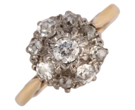 An 18ct gold diamond circular cluster ring, set with old European-cut diamonds, total diamond content approx 0.75ct, setting 