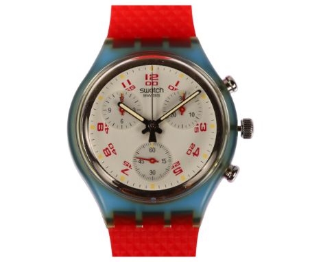 SWATCH - a Classic Chrono JFK quartz chronograph wristwatch, ref. FCN103, circa 1992, white dial with red Arabic numerals, 3 