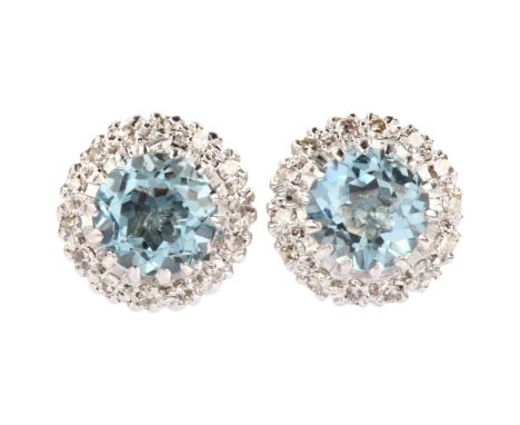 A pair of aquamarine and diamond round cluster earrings, unmarked white metal settings with round-cut aquamarine and single-c