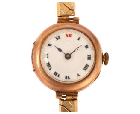 An early 20th century 9ct rose gold Officer's trench style mechanical wristwatch, white enamel dial with hand painted Roman n