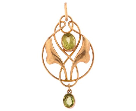MURRLE BENNETT & CO - an Art Nouveau 9ct gold peridot openwork pendant, circa 1905, wirework design set with oval mixed-cut p