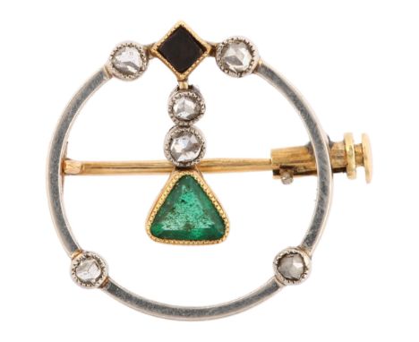 A French Art Deco emerald onyx and diamond circular openwork brooch, gold settings with triangular step-cut emerald and rose-