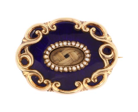 A Victorian blue enamel split pearl and hairwork memorial brooch, circa 1830, unmarked gold closed-back setting with central 