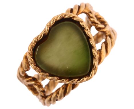 A late 20th century 9ct gold jadeite heart ring, set with flat-top heart-cut jadeite within openwork rope twist setting, make