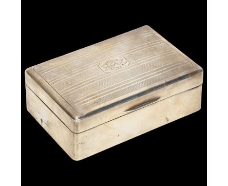 An Art Deco George V rectangular silver cigarette box, Adie Brothers Ltd, Birmingham 1928, engine turned decoration, 13.5cm x