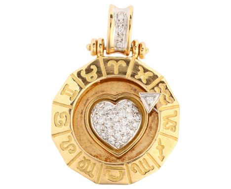 GEMAYEL - a Lebanese 18ct gold diamond zodiac pendant, with modern round brilliant-cut diamond heart and adjustable diamond a