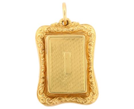 An Antique gold vinaigrette pendant, unmarked high carat gold settings with engine turned lid and base, and relief embossed f
