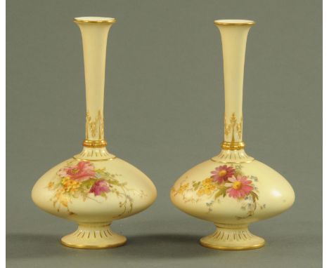 A pair of Royal Worcester blush ground vases, date code for 1908, each with floral spray decoration heightened with gilding, 