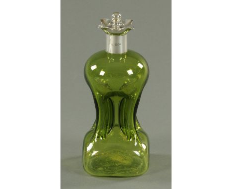 A Victorian green glass waisted decanter with silver mount, Atkin Brothers Sheffield 1897 with later silver mounted stopper B