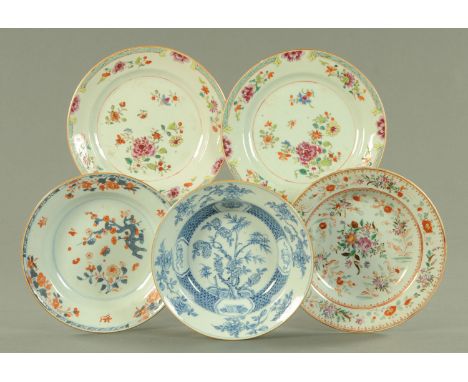 Three Chinese broth dishes, 18th century, one decorated in Chinese Imari palette, with prunus and peony, another in the Famil