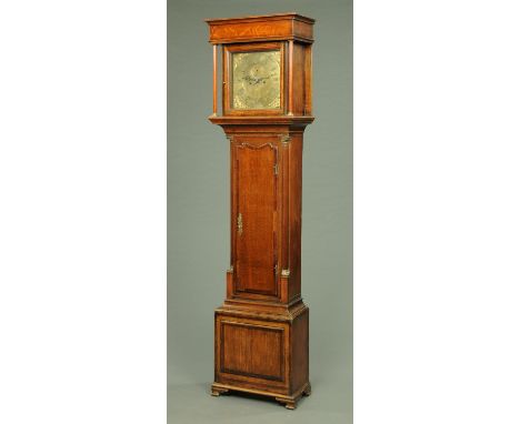 A George III oak and mahogany banded longcase clock, with brass dial and later eight day striking movement, the base with lon