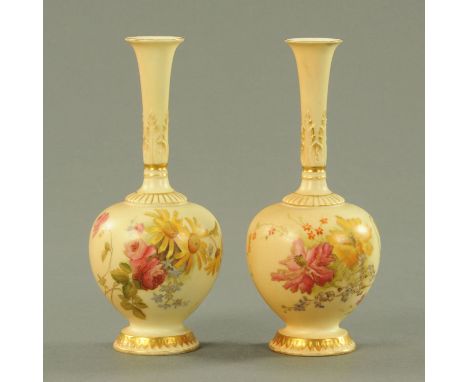 A pair of royal Worcester blush ground vases, date code for 1901, having a flaring rim with relief moulded leaf decoration, a