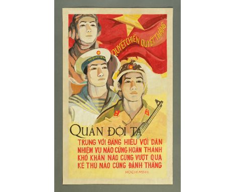 A hand painted Vietnamese propaganda poster, circa 1960/70's, "Fight to win" the image depicting soldiers from the Air Force,