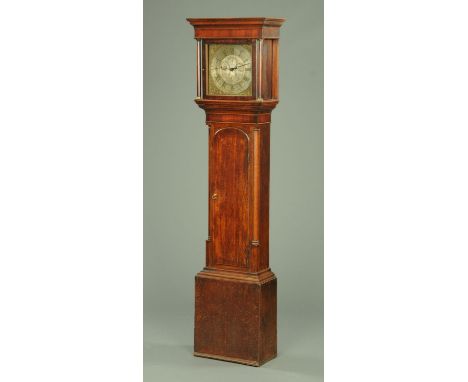 A George III oak longcase clock, Foster of Carlisle, with 30 hour movement and brass dial, the case with long trunk door.  He