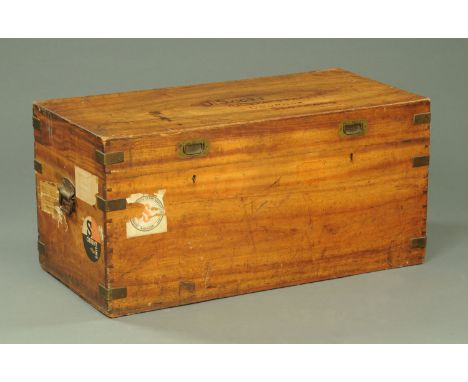 Three trunks, one Victorian pine, one 19th century teak, one with brass bound corners.  Widest 107 cm. CONDITION REPORT: The 